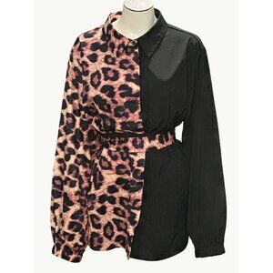 CCC Half Leopard Half Black Block Mini Shirt Dress Size 3XL Sexy Sheer Chic 3XL